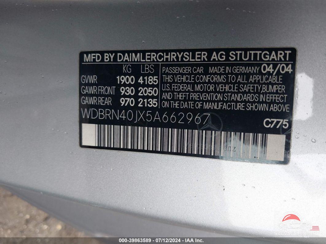 WDBRN40JX5A662967 2005 MERCEDES-BENZ C 230 photo no. 9