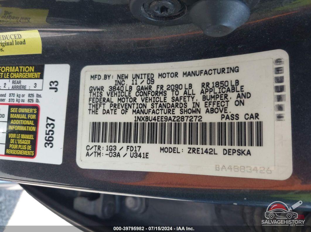 1NXBU4EE9AZ287272 2010 TOYOTA COROLLA photo no. 9