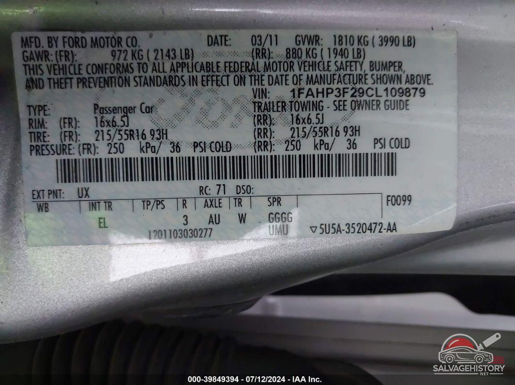 1FAHP3F29CL109879 2012 FORD FOCUS photo no. 9