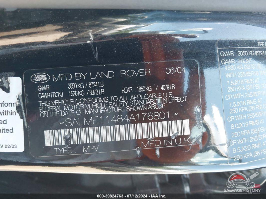 SALME11484A176801 2004 LAND ROVER RANGE ROVER photo no. 9