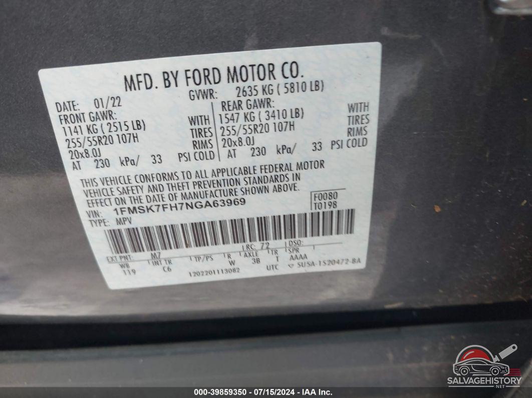 1FMSK7FH7NGA63969 2022 FORD EXPLORER photo no. 9
