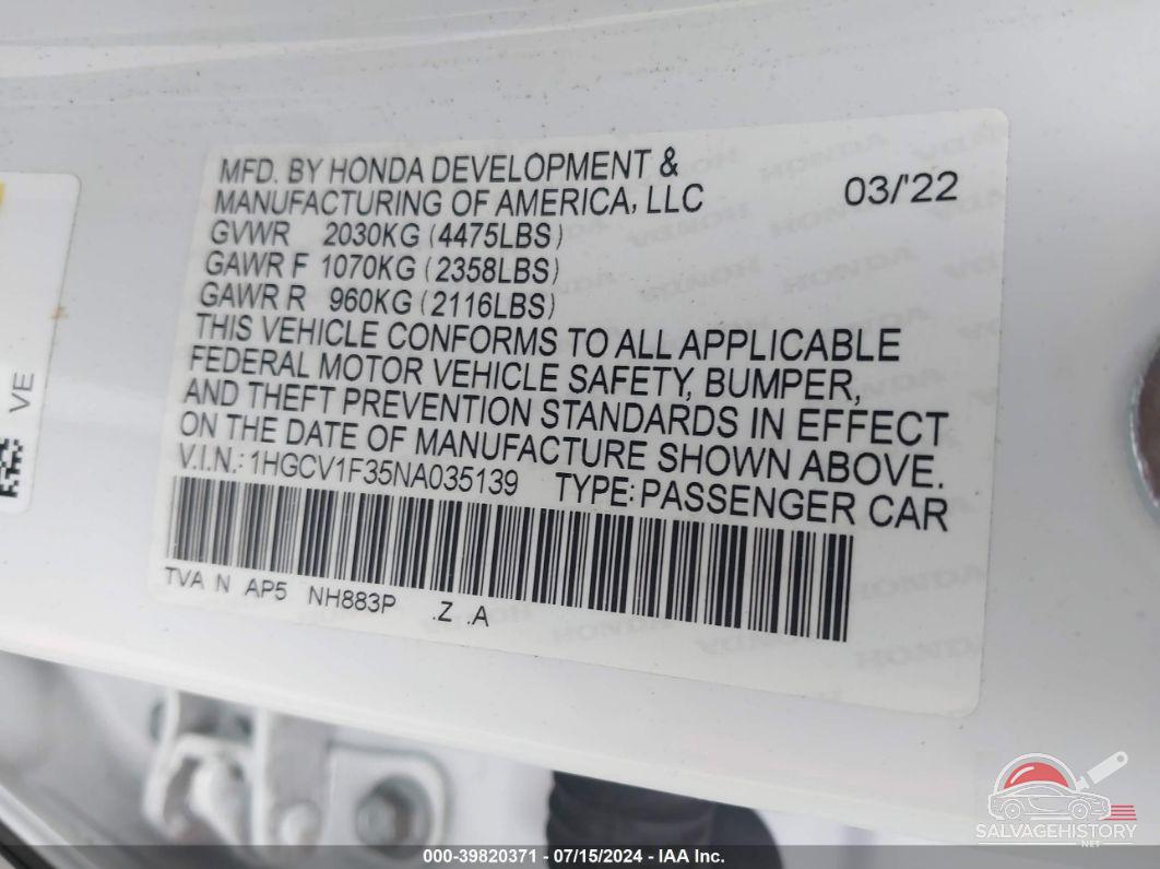 1HGCV1F35NA035139 2022 HONDA ACCORD photo no. 9
