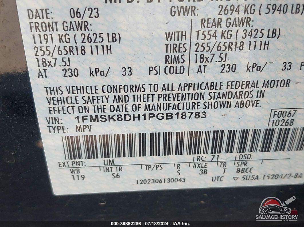 1FMSK8DH1PGB18783 2023 FORD EXPLORER photo no. 9