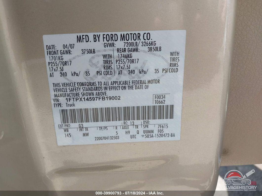 1FTPX14597FB19002 2007 FORD F-150 photo no. 9