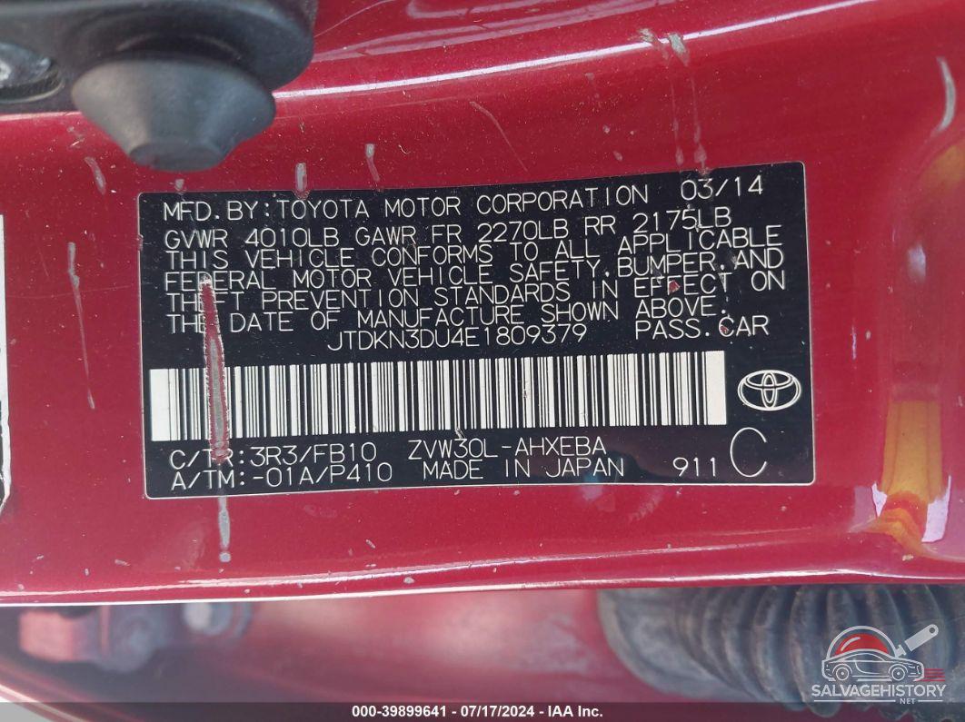 JTDKN3DU4E1809379 2014 TOYOTA PRIUS photo no. 9