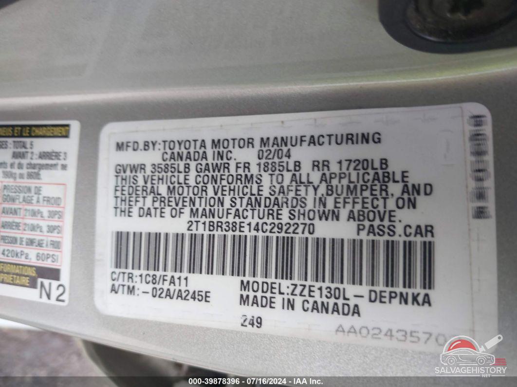 2T1BR38E14C292270 2004 TOYOTA COROLLA photo no. 9