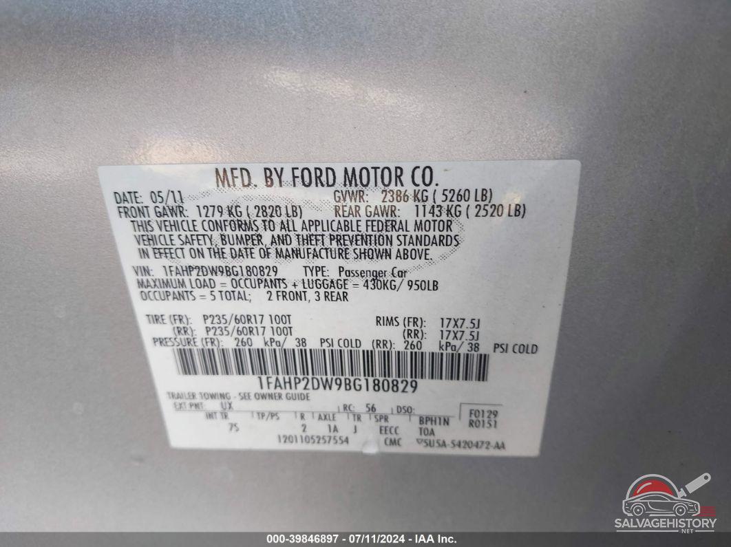 1FAHP2DW9BG180829 2011 FORD TAURUS photo no. 9