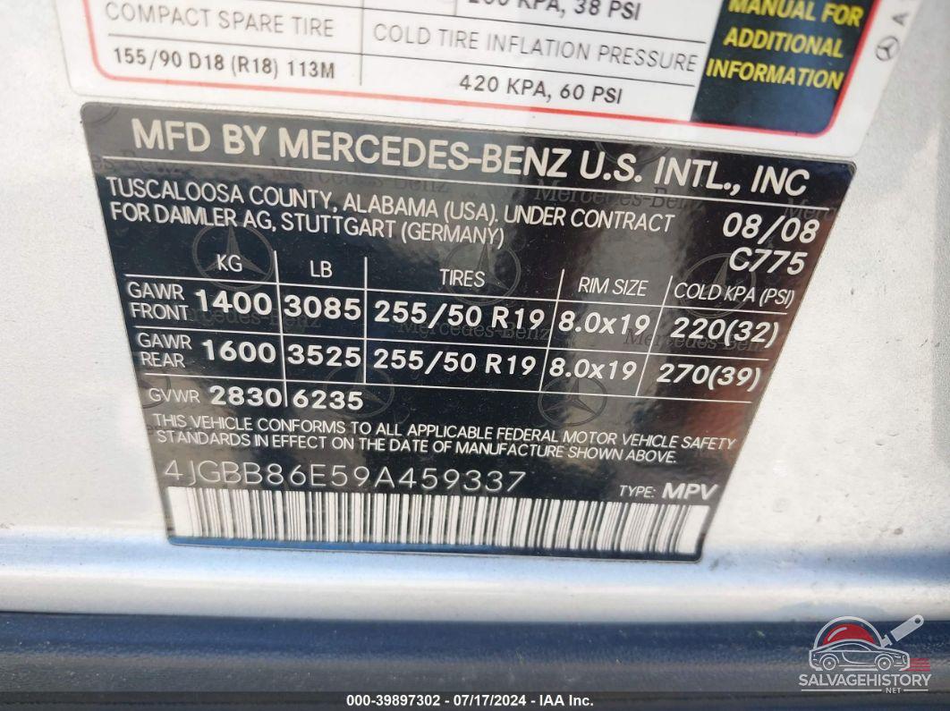 4JGBB86E59A459337 2009 MERCEDES-BENZ ML 350 photo no. 9