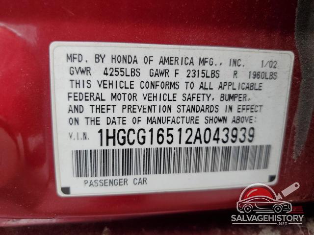1HGCG16512A043939 2002 HONDA ACCORD photo no. 12