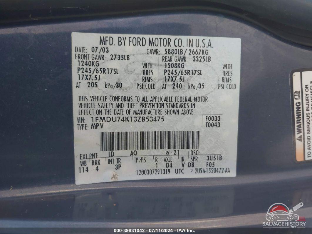 1FMDU74K13ZB53475 2003 FORD EXPLORER EDDIE BAUER photo no. 9
