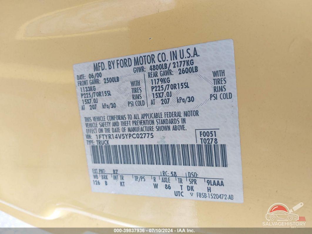 1FTYR14V5YPC02775 2000 FORD RANGER photo no. 9