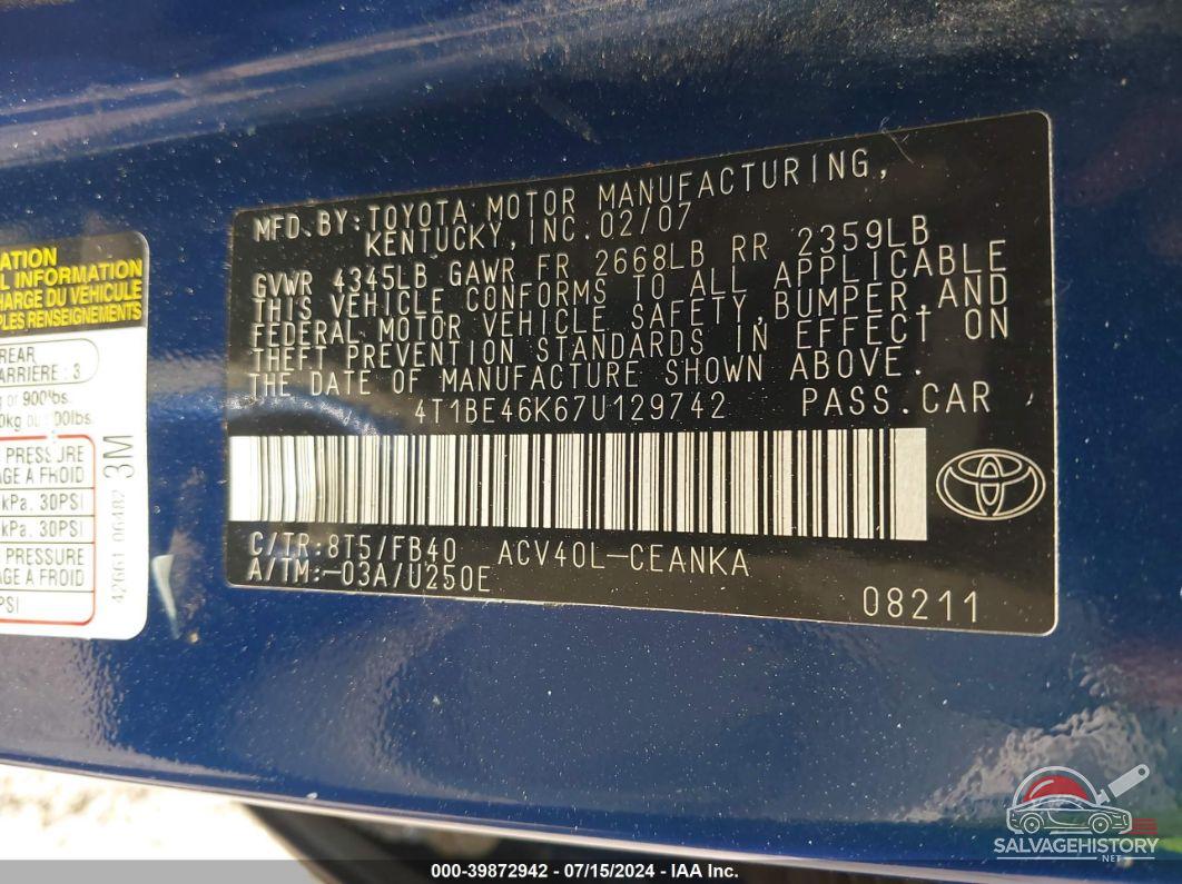 4T1BE46K67U129742 2007 TOYOTA CAMRY photo no. 9