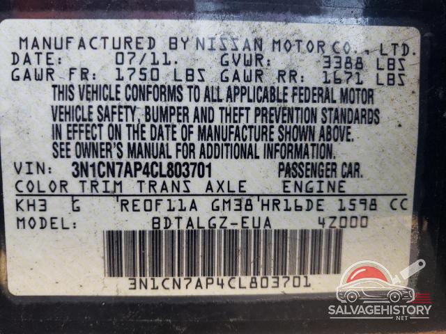 3N1CN7AP4CL803701 2012 NISSAN VERSA photo no. 12