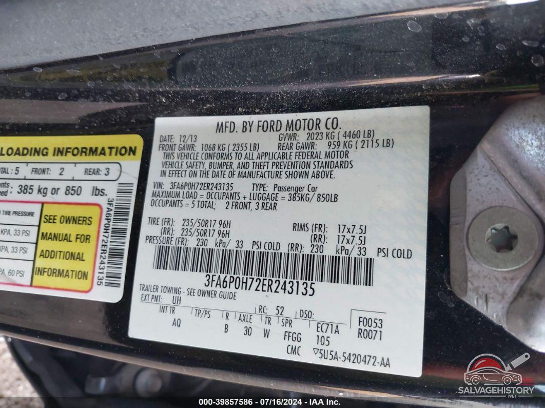 3FA6P0H72ER243135 2014 FORD FUSION photo no. 9