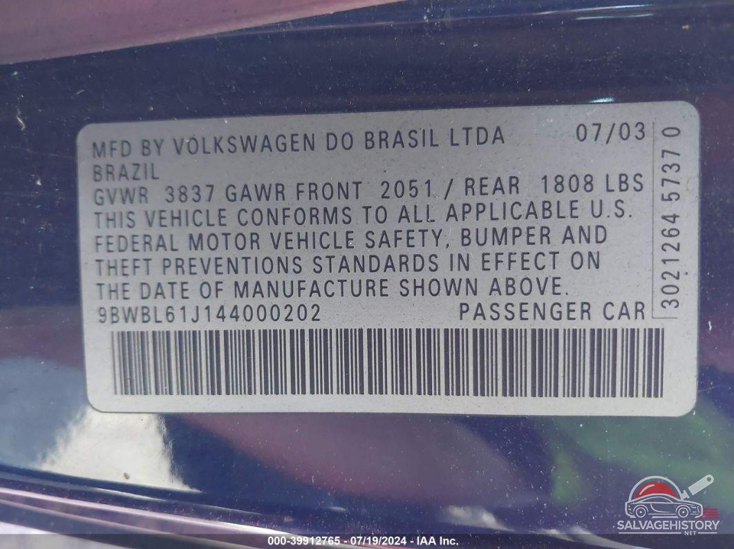 9BWBL61J144000202 2004 VOLKSWAGEN GOLF photo no. 9