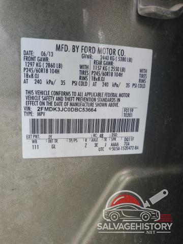 2FMDK3JC0DBC53664 2013 FORD EDGE photo no. 13