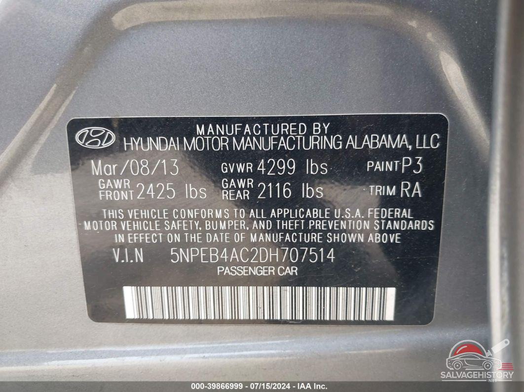 5NPEB4AC2DH707514 2013 HYUNDAI SONATA photo no. 9