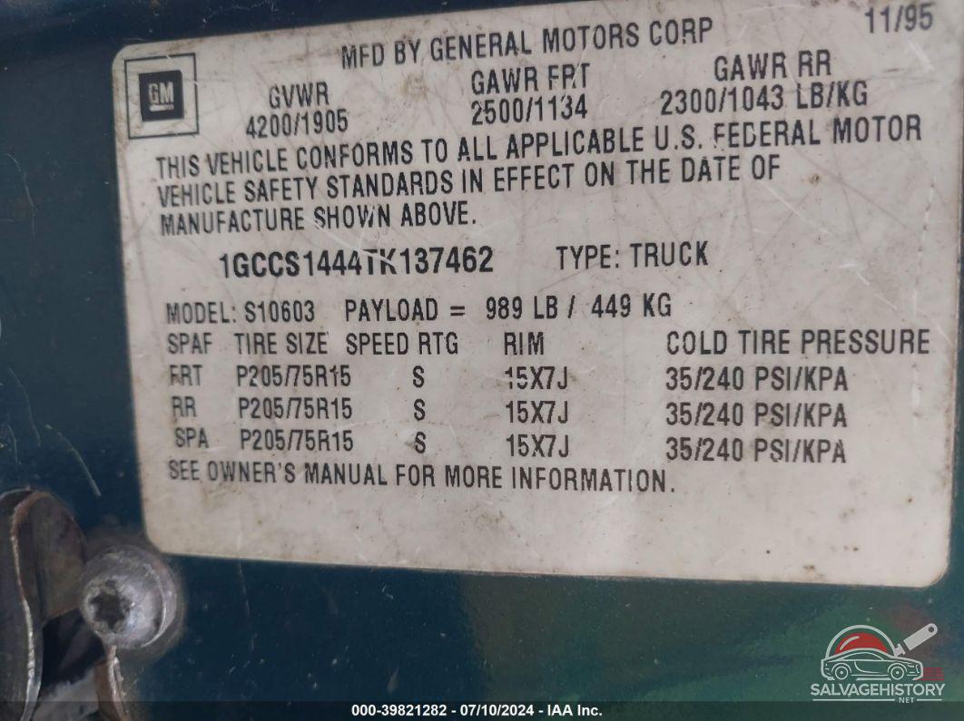 1GCCS1444TK137462 1996 CHEVROLET S TRUCK photo no. 9