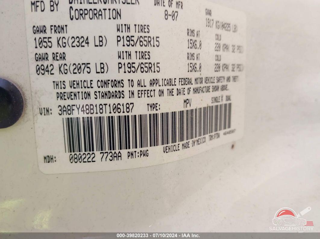 3A8FY48B18T106187 2008 CHRYSLER PT CRUISER photo no. 9