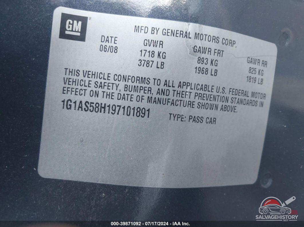 1G1AS58H197101891 2009 CHEVROLET COBALT photo no. 9