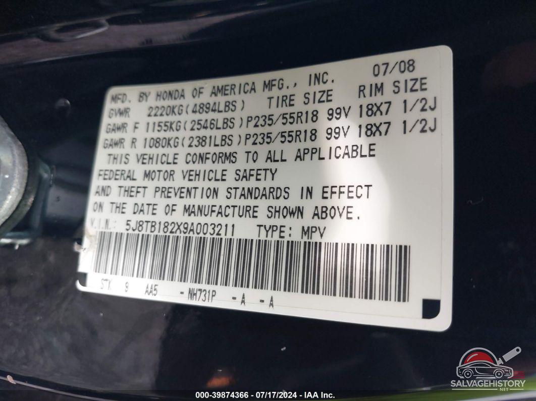 5J8TB182X9A003211 2009 ACURA RDX photo no. 9