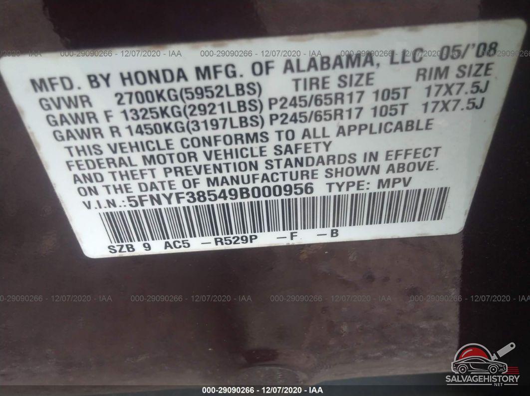 5FNYF38549B000956 2009 HONDA PILOT photo no. 9