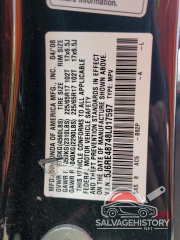 5J6RE48748L017597 2008 HONDA CRV photo no. 13