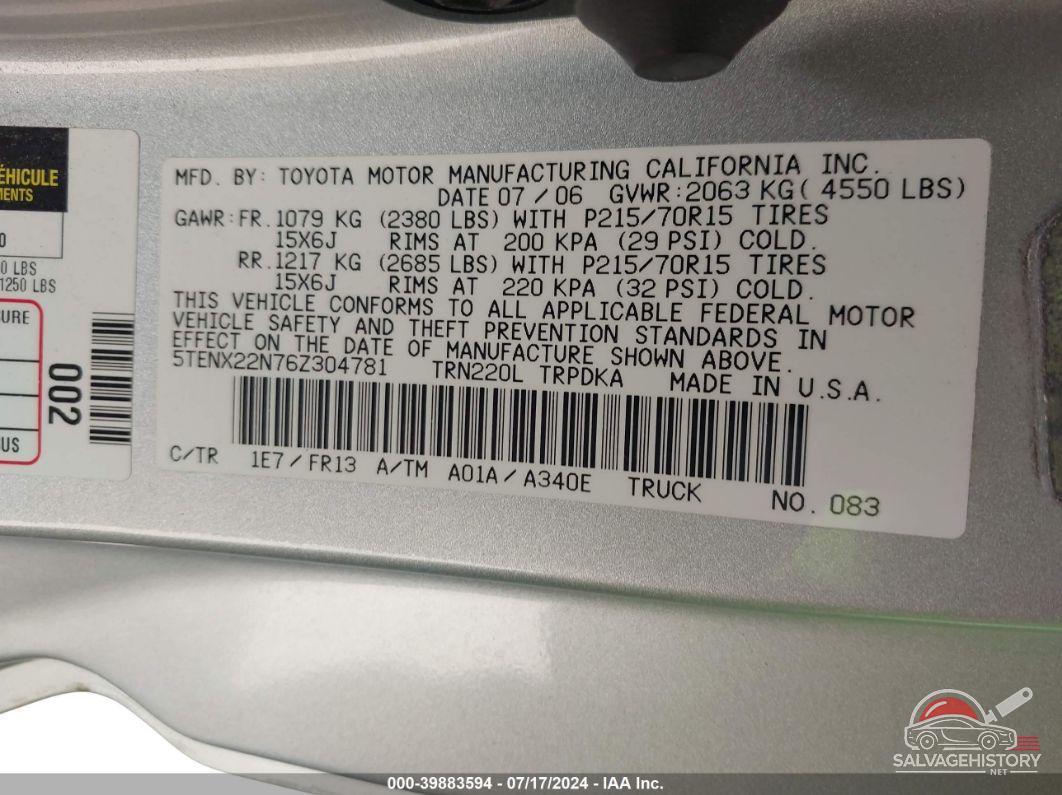 5TENX22N76Z304781 2006 TOYOTA TACOMA photo no. 9