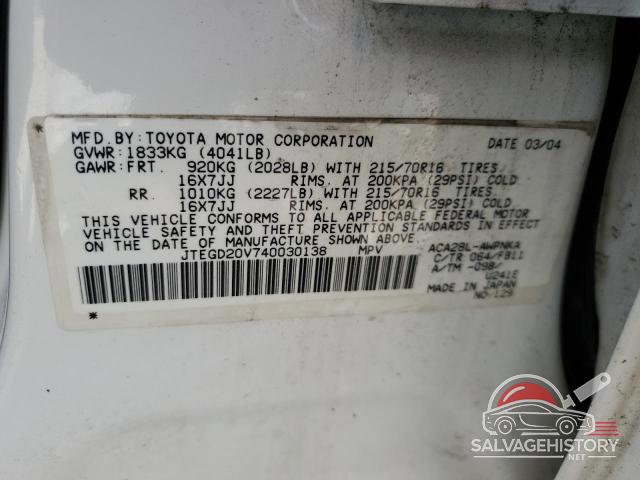 JTEGD20V740030138 2004 TOYOTA RAV4 photo no. 14