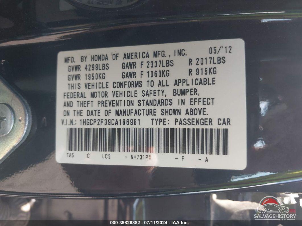 1HGCP2F39CA166961 2012 HONDA ACCORD photo no. 9