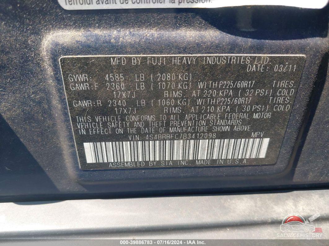 4S4BRBFC7B3412098 2011 SUBARU OUTBACK photo no. 9