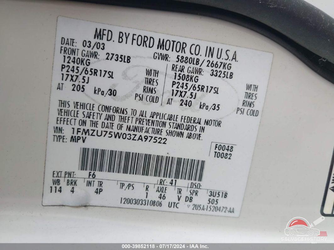 1FMZU75W03ZA97522 2003 FORD EXPLORER photo no. 9
