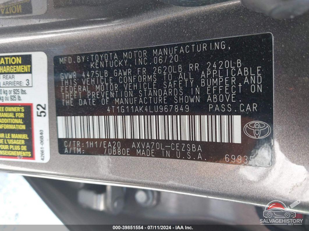 4T1G11AK4LU967849 2020 TOYOTA CAMRY photo no. 9