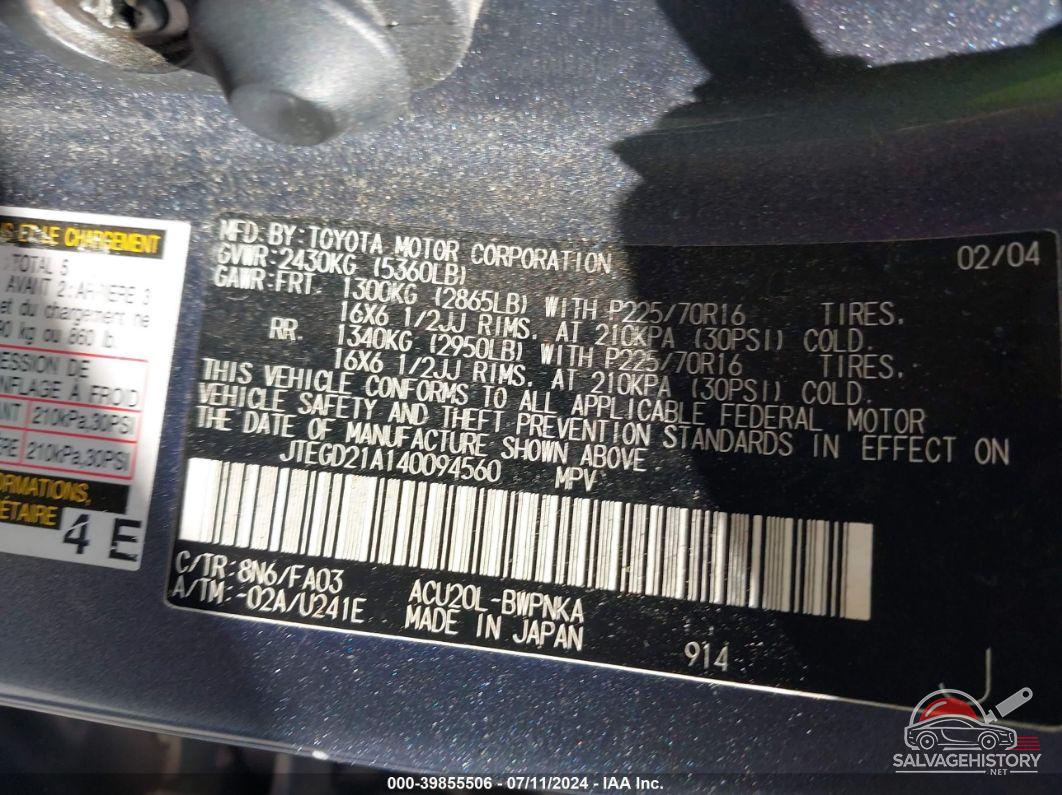 JTEGD21A140094560 2004 TOYOTA HIGHLANDER photo no. 9