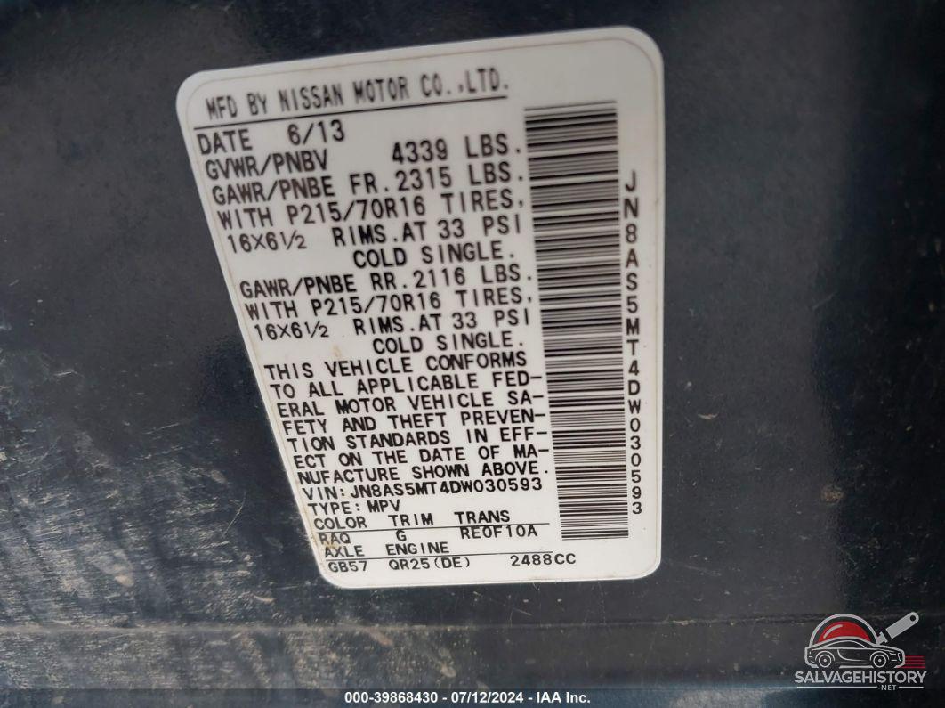 JN8AS5MT4DW030593 2013 NISSAN ROGUE photo no. 9