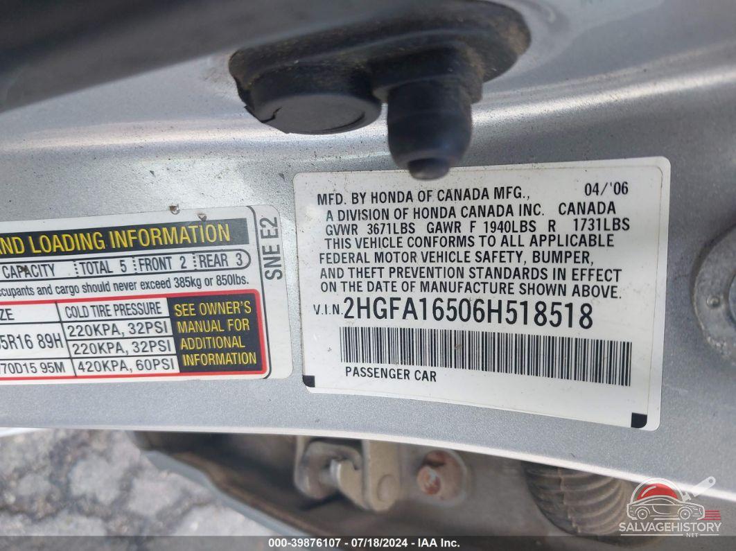 2HGFA16506H518518 2006 HONDA CIVIC photo no. 9