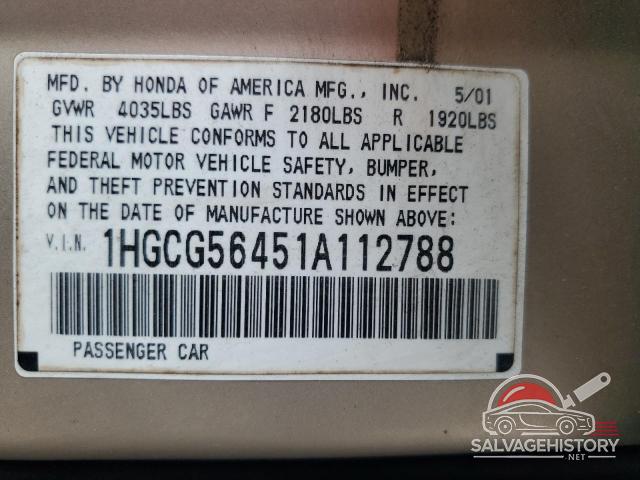 1HGCG56451A112788 2001 HONDA ACCORD photo no. 12