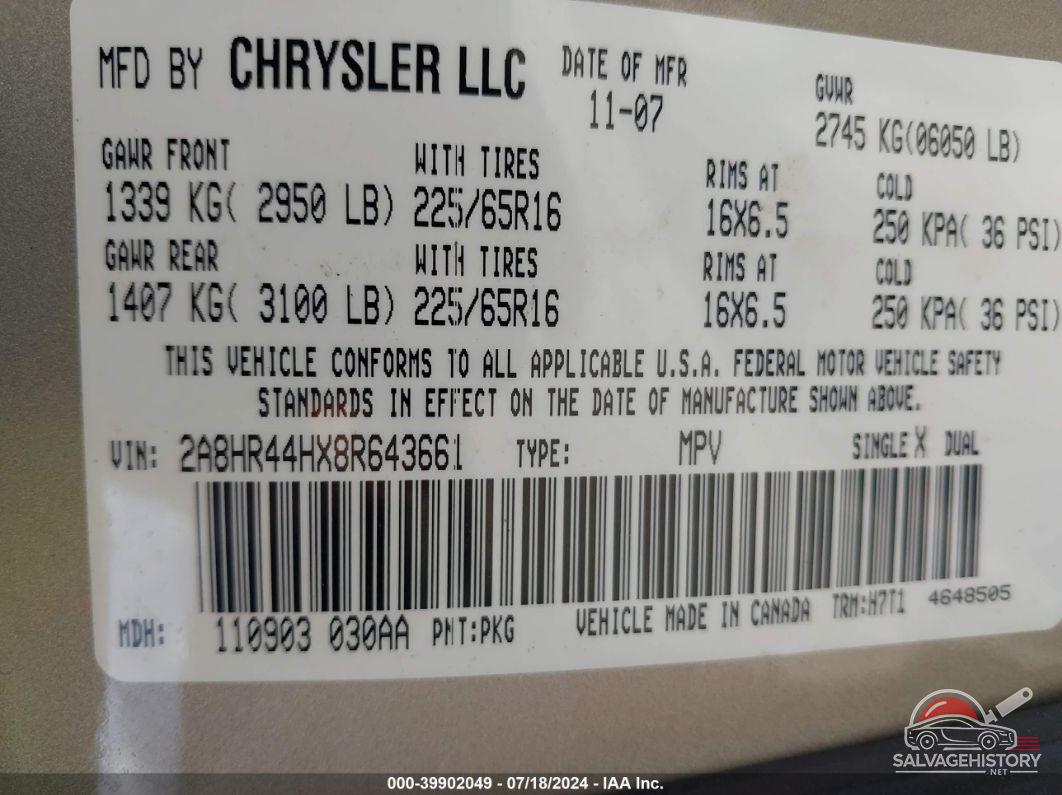 2A8HR44HX8R643661 2008 CHRYSLER TOWN & COUNTRY photo no. 9