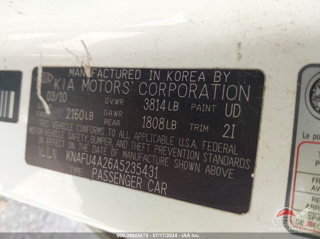 KNAFU4A26A5235431 2010 KIA FORTE photo no. 9