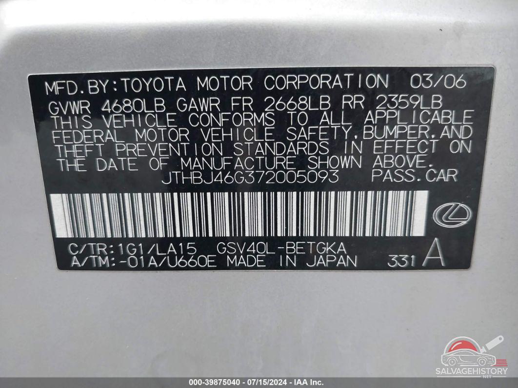 JTHBJ46G372005093 2007 LEXUS ES 350 photo no. 9