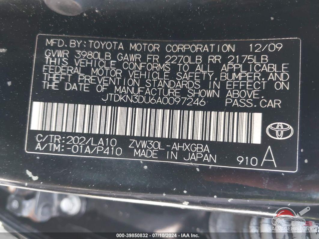 JTDKN3DU6A0097246 2010 TOYOTA PRIUS photo no. 9