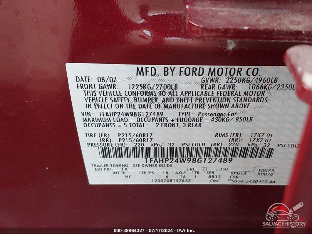1FAHP24W98G127489 2008 FORD TAURUS photo no. 9