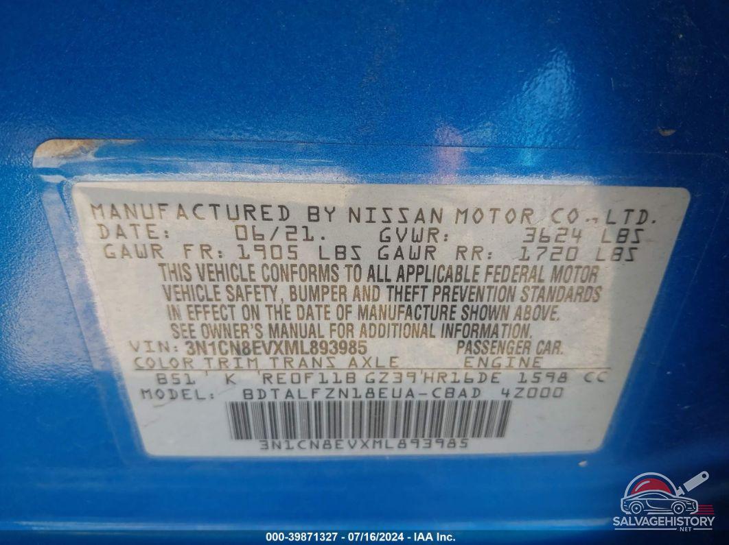 3N1CN8EVXML893985 2021 NISSAN VERSA photo no. 9