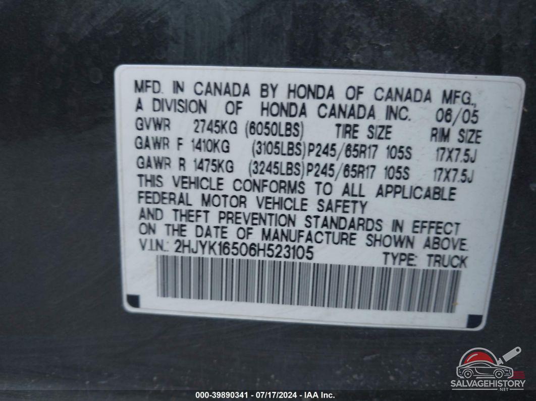 2HJYK16506H523105 2006 HONDA RIDGELINE photo no. 9