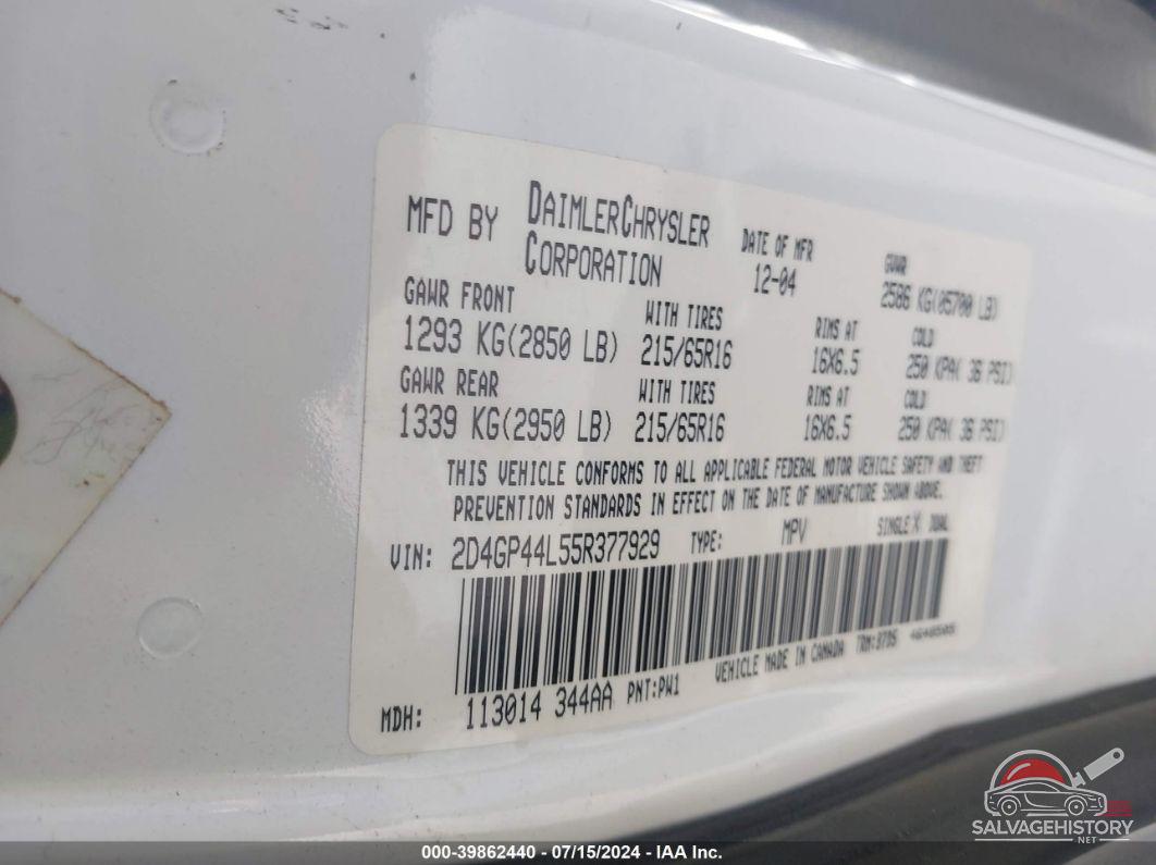 2D4GP44L55R377929 2005 DODGE GRAND CARAVAN photo no. 9