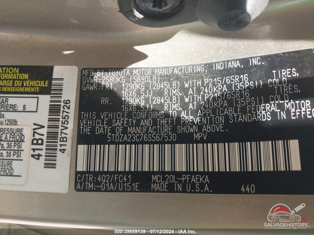 5TDZA23C76S567530 2006 TOYOTA SIENNA photo no. 9