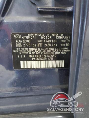 KMHFC46F67A149050 2007 HYUNDAI AZERA photo no. 12