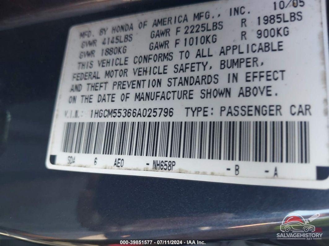 1HGCM55366A025796 2006 HONDA ACCORD photo no. 9