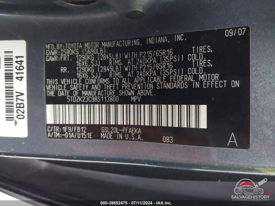 5TDZK23C98S113800 2008 TOYOTA SIENNA photo no. 9