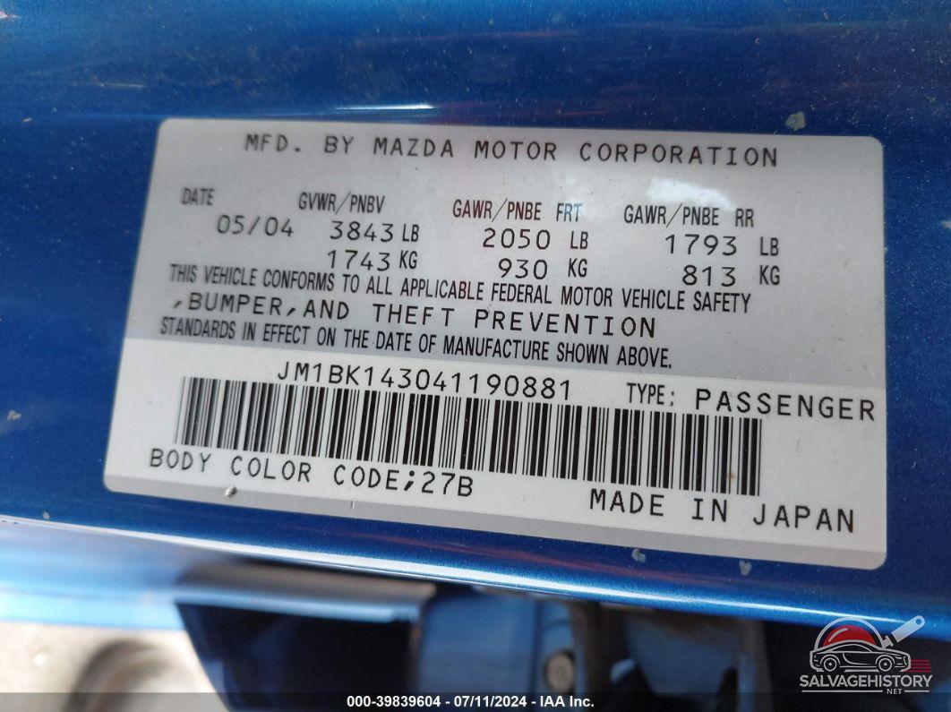JM1BK143041190881 2004 MAZDA MAZDA3 photo no. 9